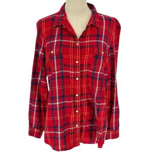 Old Navy Flannel Shirt Red Multi Plaid 100% Cotton Large‎